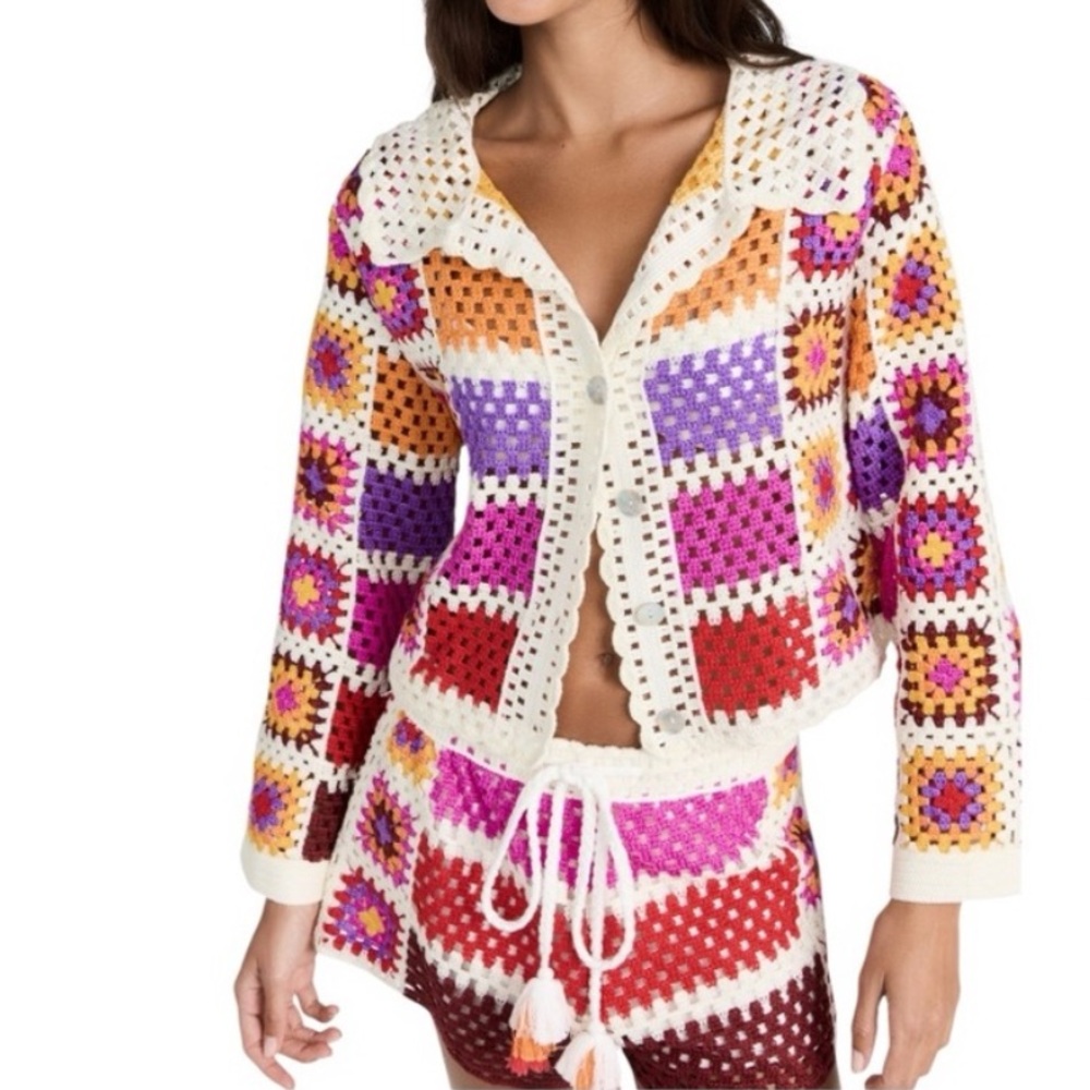 FARM RIO Mixed Crochet Stripes Cardigan/Shirt and shorts